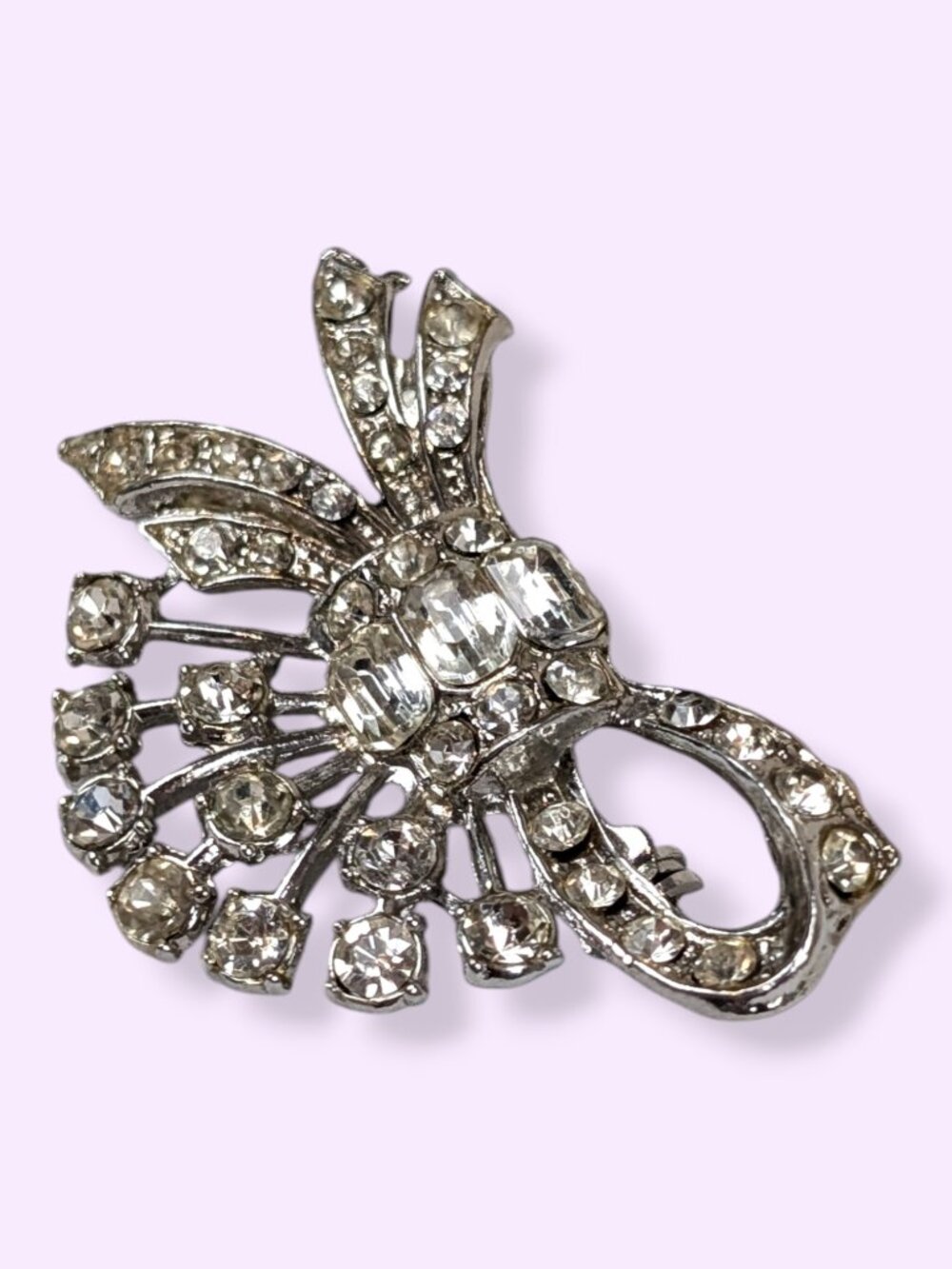 Vintage Mid-Century Atomic Ribbon Rhinestone Brooch - Picture 2 of 6